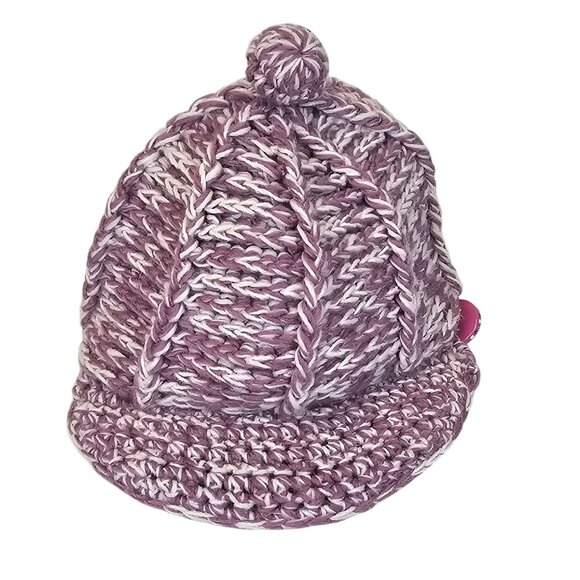 Ladies OS Fall Winter Warm Cozy Cable Knit Wool Riding Cap Purple White Pom Pom - Picture 5 of 16